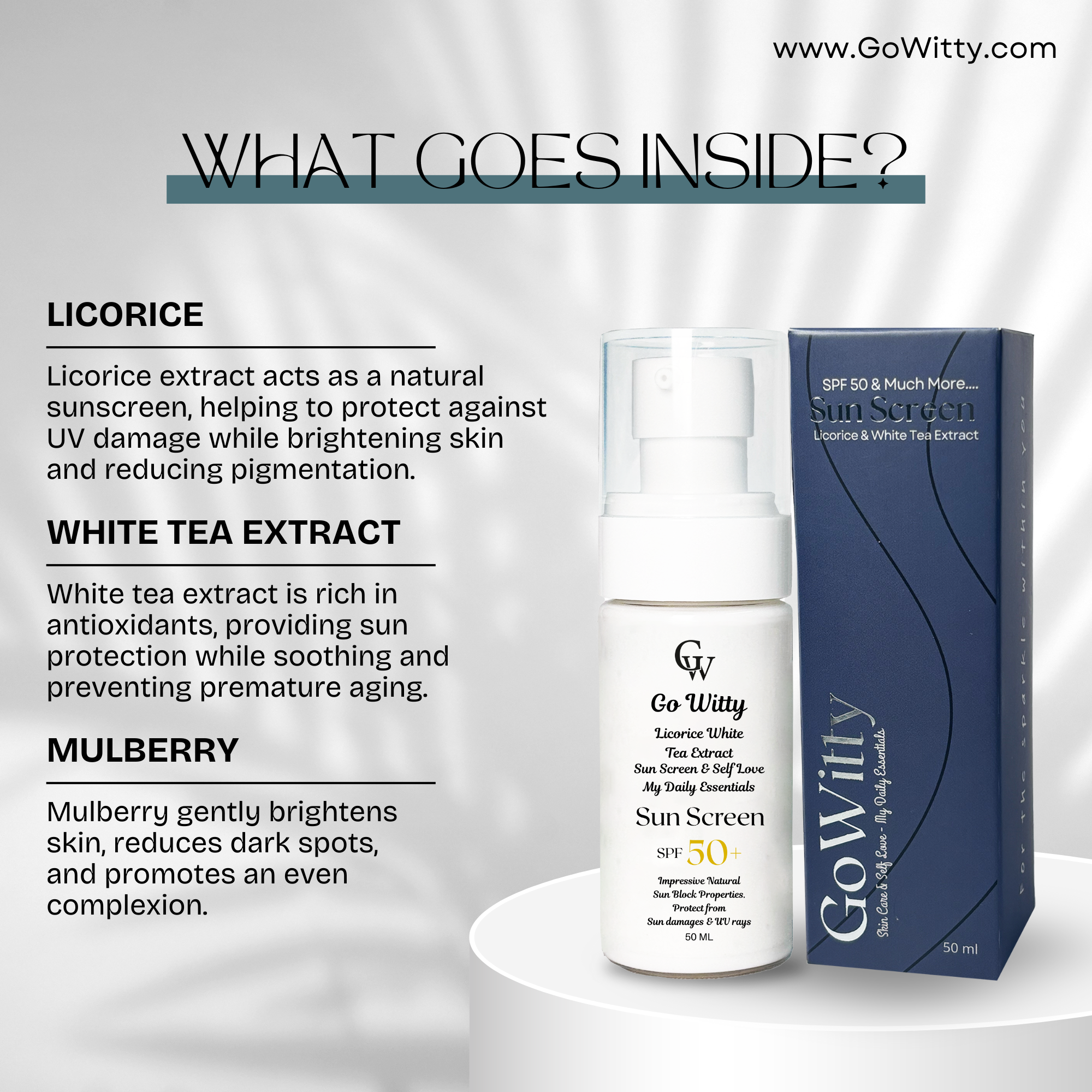 Gowitty Sunscreen SPF 50+ | Licorice & White Tea Extract | Natural Sun Protection | 50ml