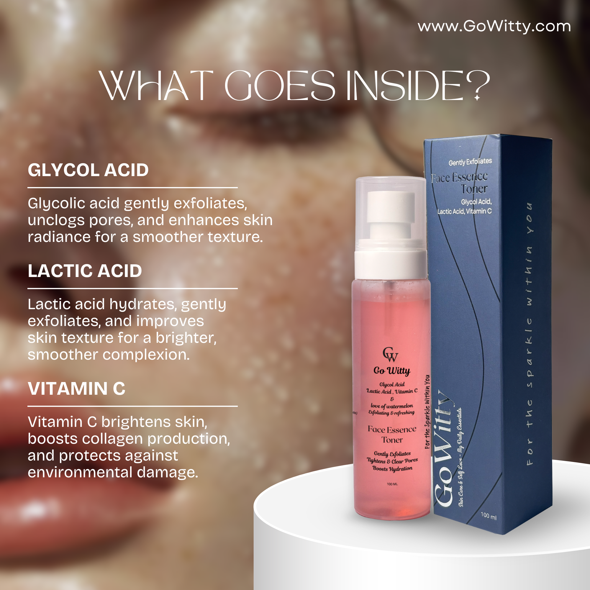 Go Witty Face Essence\Toner | Glycolic Acid, Lactic Acid & Vitamin C | Hydrating & Skin Brightening | SLS & Paraben Free | 100ml